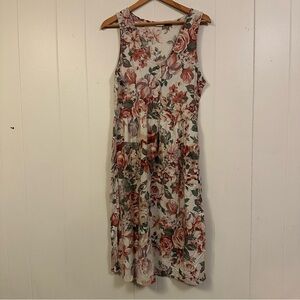 Vintage 80’s cotton modest feminine Floral roses Sleeveless Midi Dress